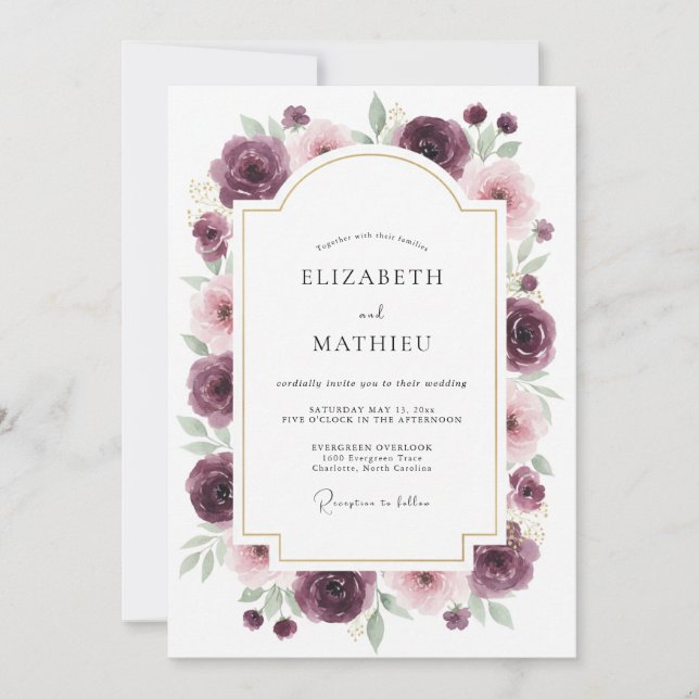 Invitation Mariage Rose Bourguignonne Raffinée (Devant)