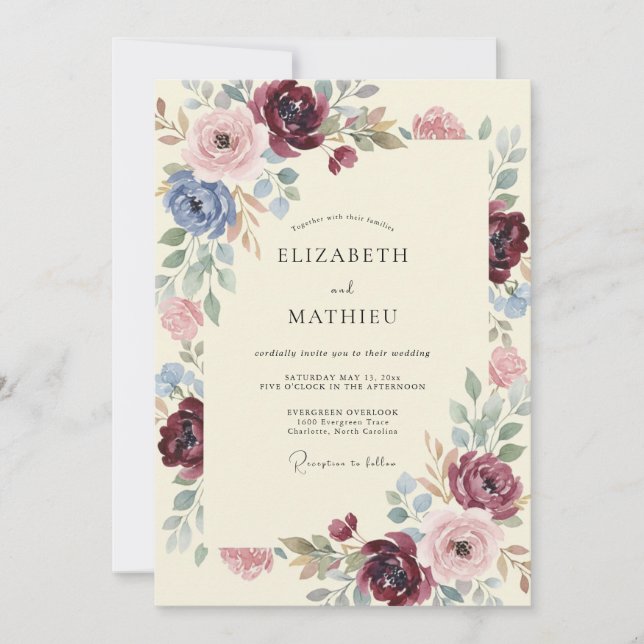 Invitation Mariage Rose Burgundy Bleu Jardin (Devant)