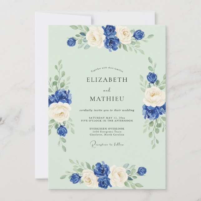 Invitation Mariage Rose Céladon Cobalt (Devant)