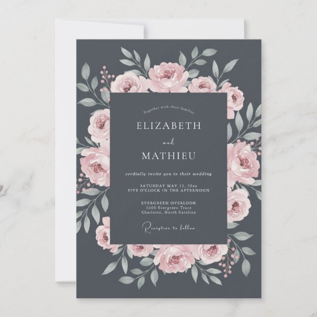 Invitation Mariage Rose Charmante Gris Charbon (Devant)