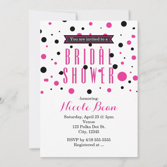 Invitation Mariage Rose Chaud et Noir à Points BRIDAL SHOWER (Devant)
