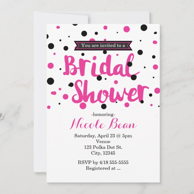 Invitation Mariage Rose Chaud et Noir à Points BRIDAL SHOWER (Devant)