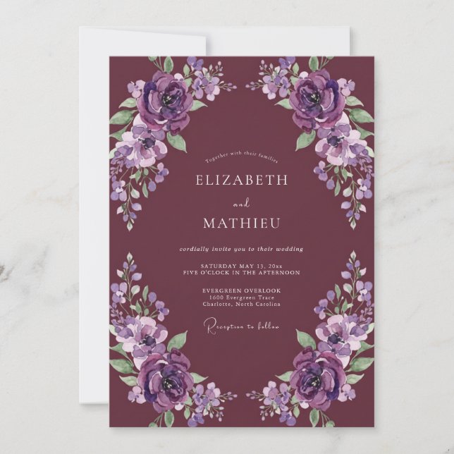 Invitation Mariage Rose Chaude Peinte Prune (Devant)