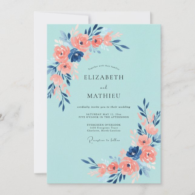 Invitation Mariage Rose Corail Aqua Peinte à la Main (Devant)