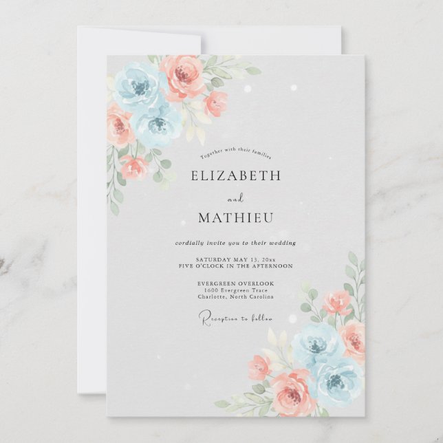 Invitation Mariage Rose Corail Bleu Poudré (Devant)