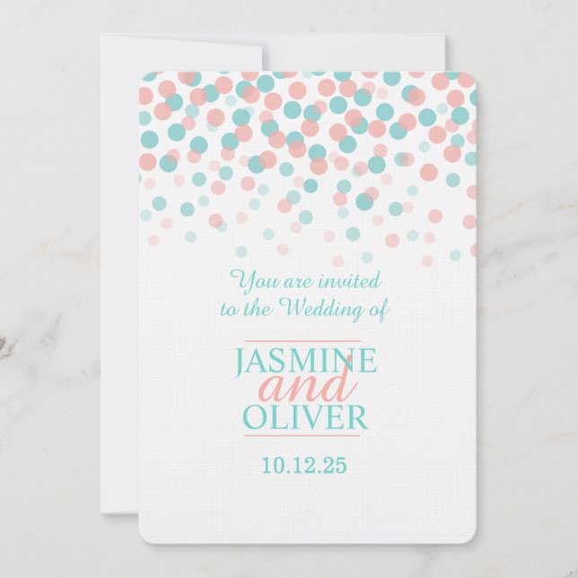 Invitation Mariage rose corail et bleu turquoise vert (Devant)