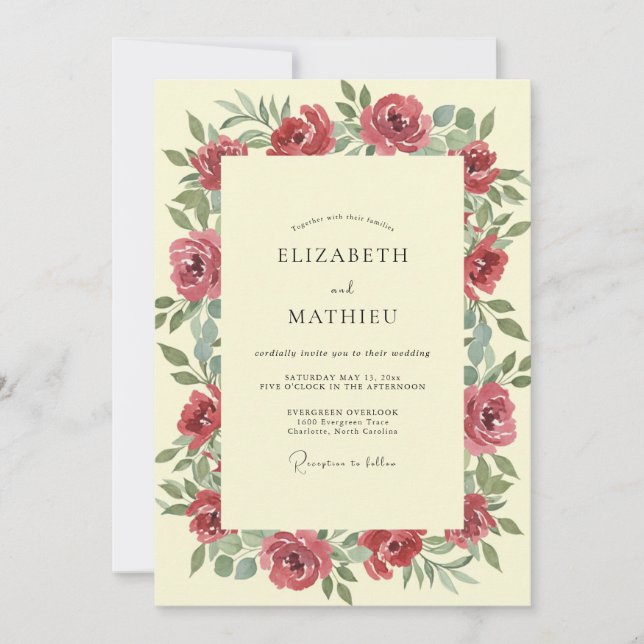 Invitation Mariage Rose Cramoisi Crème (Devant)