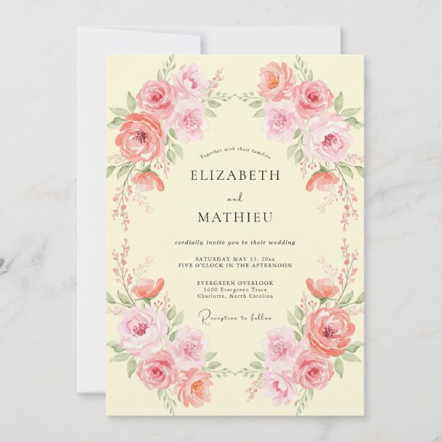 Invitation Mariage Rose Crème Fleur de Pivoine Rose (Devant)