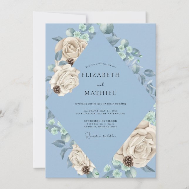 Invitation Mariage Rose Crème Pervenche (Devant)