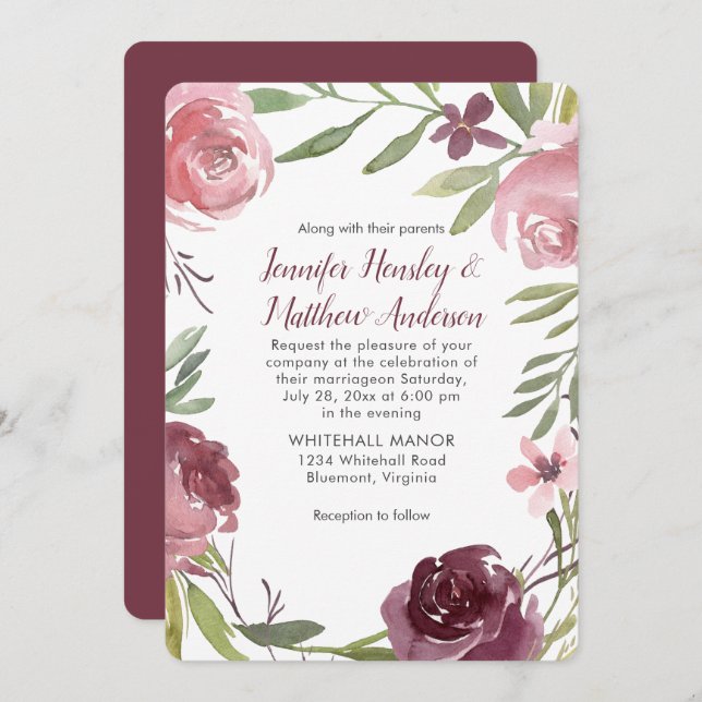 Invitation Mariage Rose d'aquarelle bordeaux et rose | (Devant / Derrière)