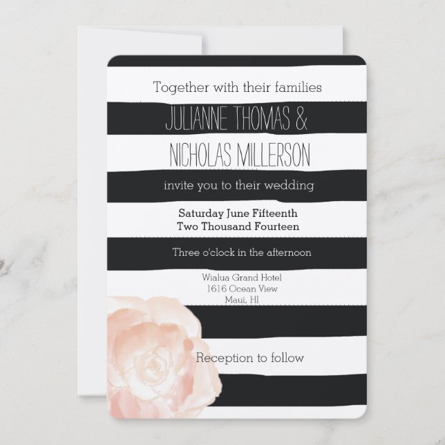 Invitation Mariage Rose de bandes d'aquarelle noir et blanc (Devant)