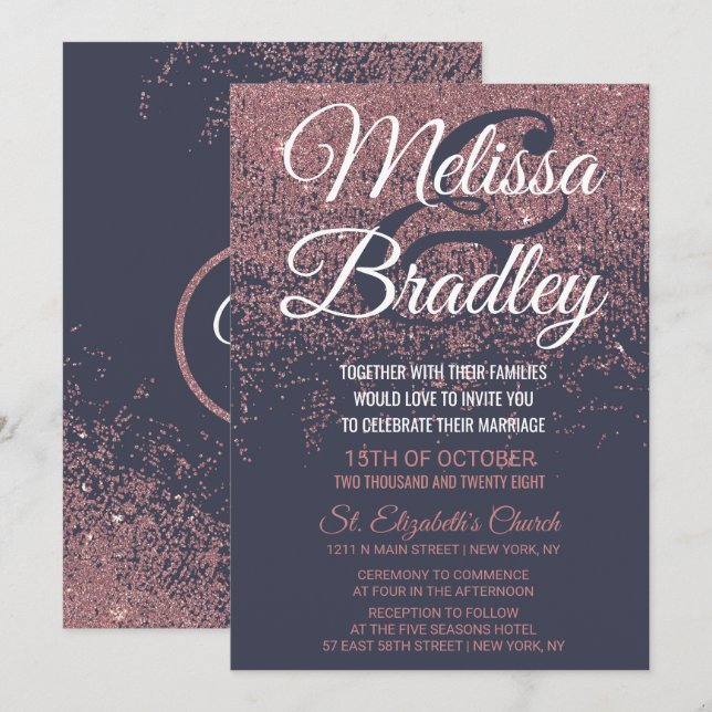 Invitation Mariage rose de bleu marine d'étincelles de (Devant / Derrière)