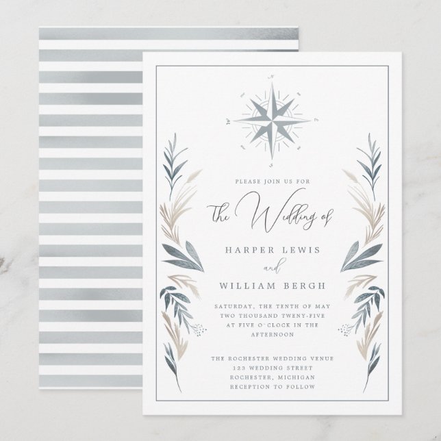 Invitation Mariage rose de boussole nautique (Devant / Derrière)