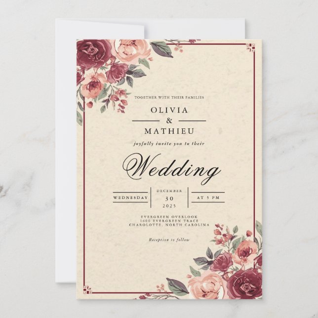 Invitation Mariage Rose de floraison végétale Muet (Devant)