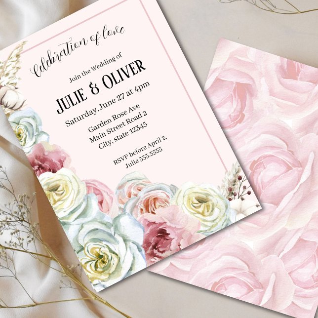 Invitation Mariage rose de l'aquarelle romantique (Créateur téléchargé)