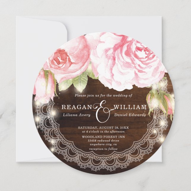 Invitation Mariage Rose de luxe en bois rustique (Devant)