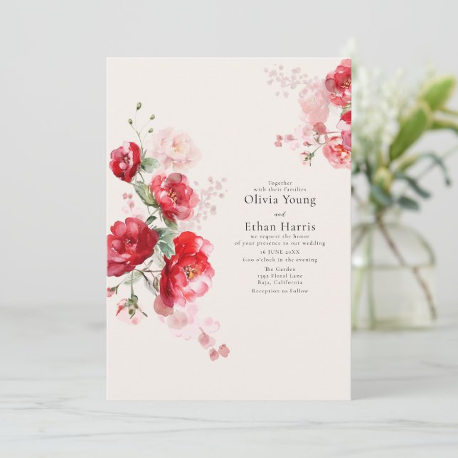 Invitation Mariage Rose de papier rouge et rose (Debout devant)