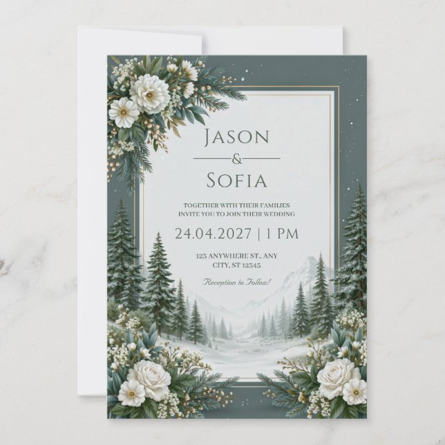 Invitation Mariage Rose de Pin enneigée (Devant)