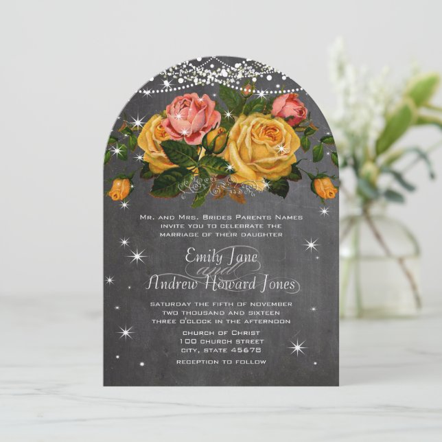 Invitation Mariage Rose de tableau de bord rose et jaune (Debout devant)