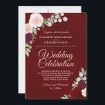 Invitation Mariage Rose Deep Burgundy Red & Blush Boho<br><div class="desc">Cette belle faire-part de mariage boho chic est dotée d'un arrière - plan marbré rouge bordeaux et audacieux, ce qui la rend unique et frappante visuellement. L'oeuvre comprend une abondance de roses d'aquarelle peints à la main dans des tons gratuits de rouge, bordeaux et rose roux, ainsi que des sprigs...</div>