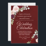 Invitation Mariage Rose Deep Burgundy Red & Blush Boho<br><div class="desc">Cette belle faire-part de mariage boho chic est dotée d'un arrière - plan marbré rouge bordeaux et audacieux, ce qui la rend unique et frappante visuellement. L'oeuvre comprend une abondance de roses d'aquarelle peints à la main dans des tons gratuits de rouge, bordeaux et rose roux, ainsi que des sprigs...</div>