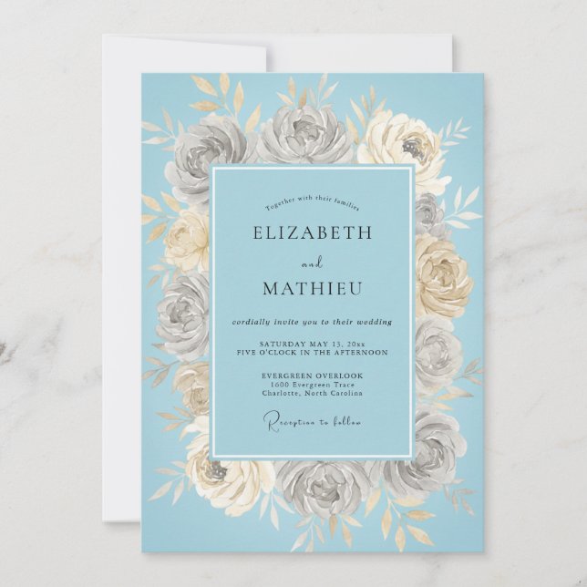 Invitation Mariage Rose Délicate Bleu Glace (Devant)