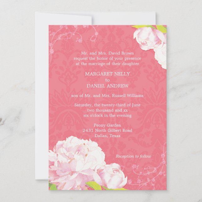 Invitation Mariage rose des fleurs de pivoines (Devant)