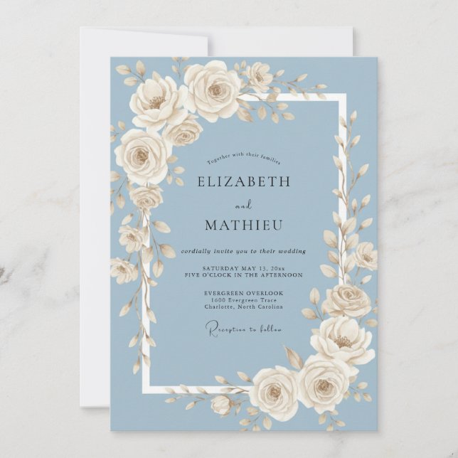 Invitation Mariage Rose d'Ivoire Bleu Acier (Devant)