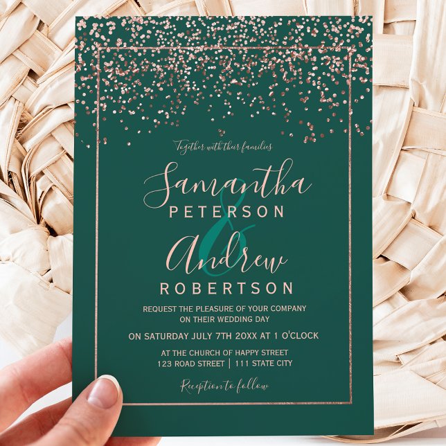 Invitation mariage rose d'or confetti émeraude verte (Créateur téléchargé)