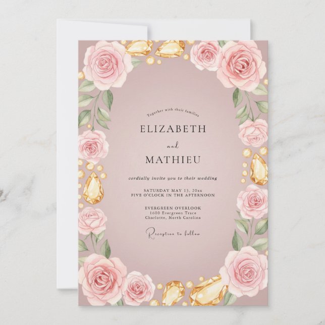 Invitation Mariage Rose Dorée Mauve Douce (Devant)