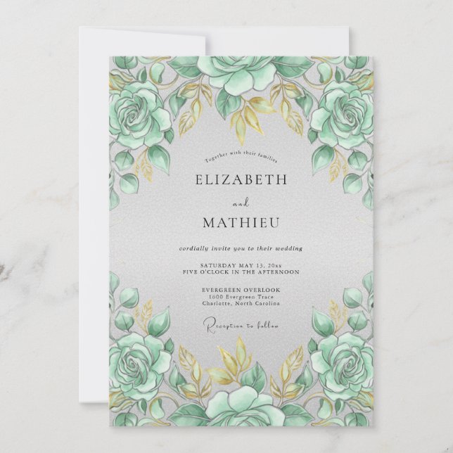Invitation Mariage Rose Dorée Mousse de Mer (Devant)