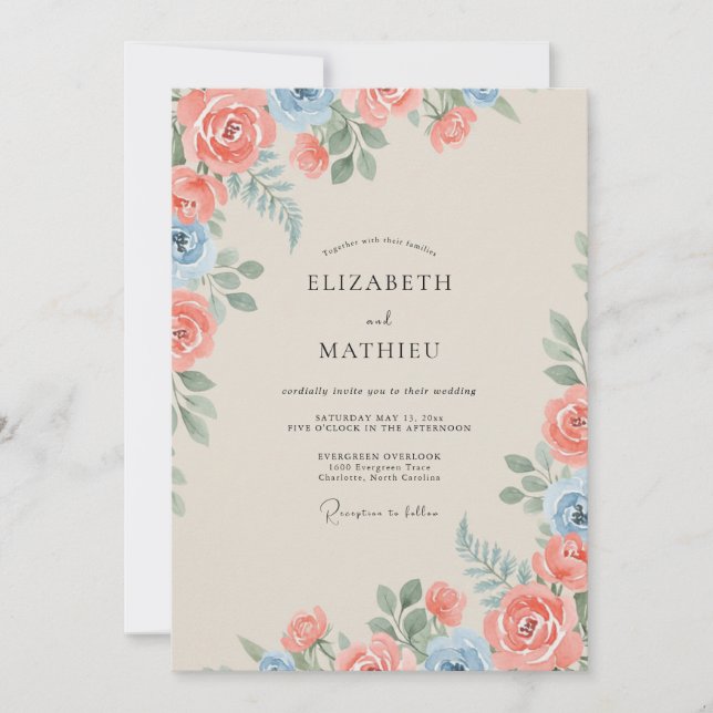 Invitation Mariage Rose Douce Azur Corail (Devant)