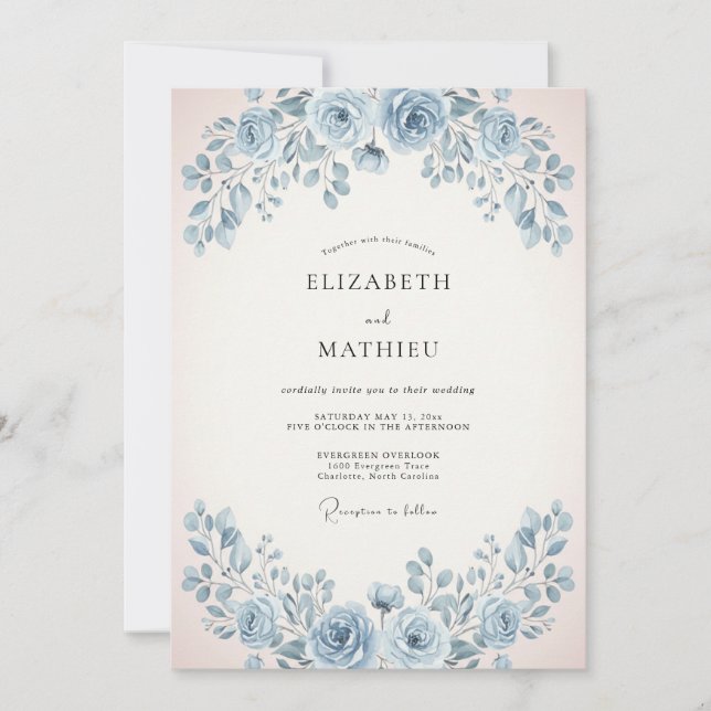 Invitation Mariage Rose Douce Bleu Poudre (Devant)
