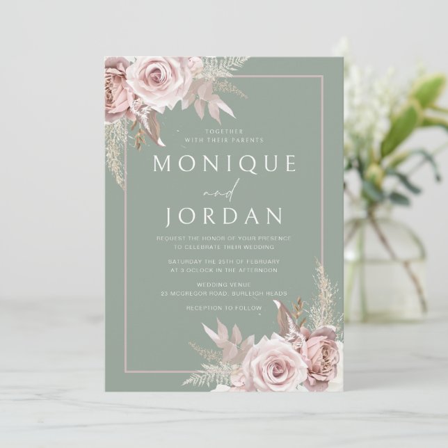 Invitation Mariage Rose Dusty tendance Blush & Sage (Debout devant)
