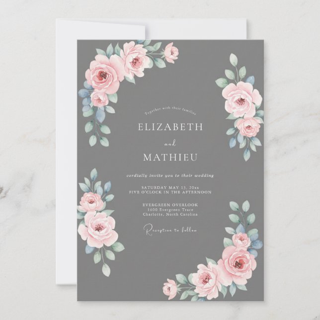 Invitation Mariage Rose Élégante Gris Ardoise (Devant)