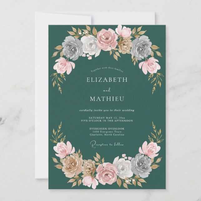 Invitation Mariage Rose Élégante Vert Chasseur (Devant)