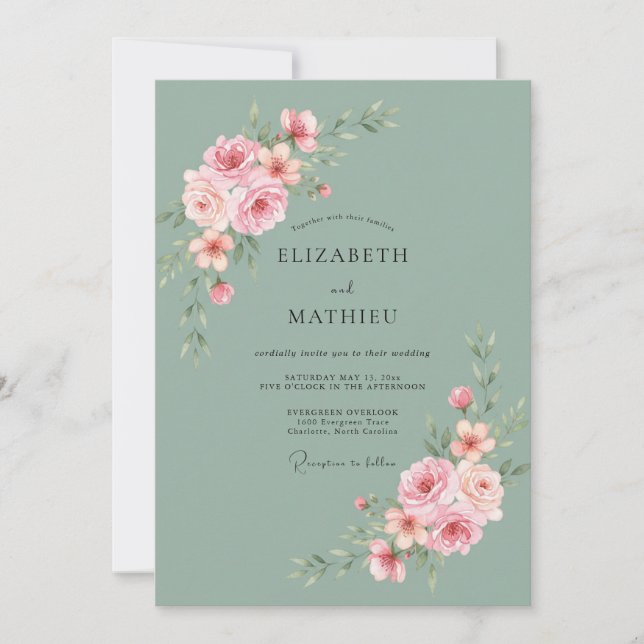 Invitation Mariage Rose Élégante Vert Sauge (Devant)