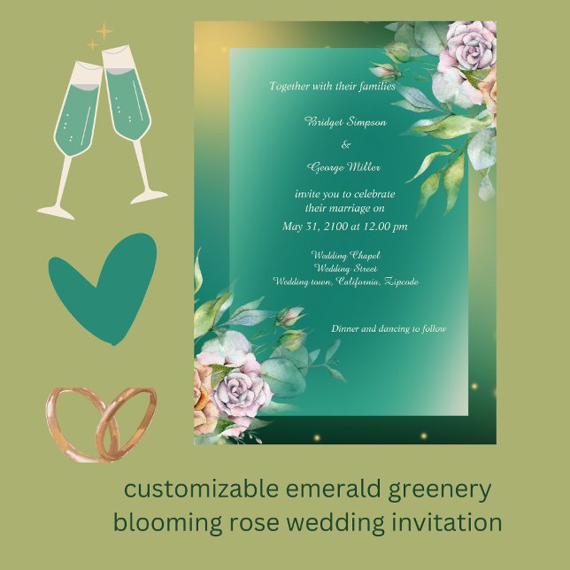 Invitation mariage rose en fleurs émeraude (customizable emerald greenery blooming rose wedding invitation by wedding Hobinishop)
