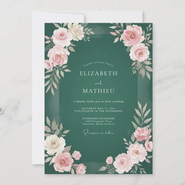 Invitation Mariage Rose Envoûtante Vert Chasseur (Devant)