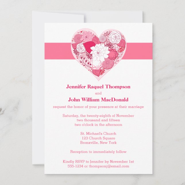 Invitation Mariage | Rose et blanc | Floral | Coeur (Devant)