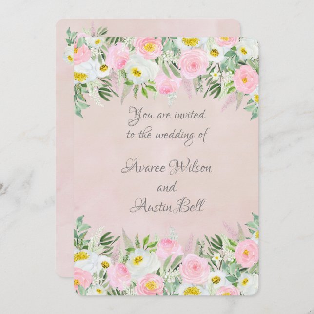 Invitation Mariage rose et blanc Roses (Devant / Derrière)