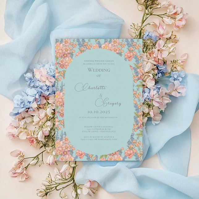 Invitation Mariage rose et bleu shabby chic floraux (Créateur téléchargé)