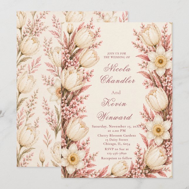 Invitation Mariage Rose et Champagne (Devant / Derrière)