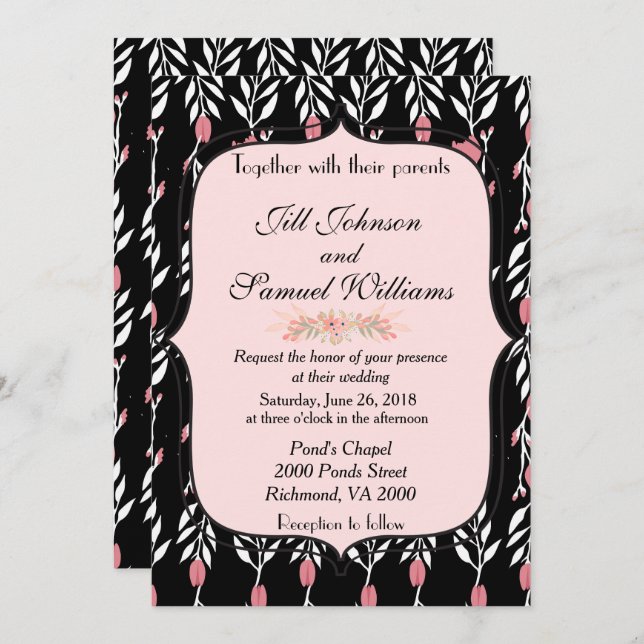 Invitation Mariage rose et noir (Devant / Derrière)