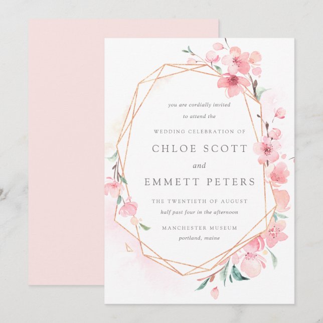 Invitation Mariage rose et or en fleurs de cerisiers (Devant / Derrière)