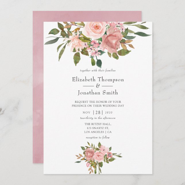 Invitation Mariage rose et or Rose (Devant / Derrière)