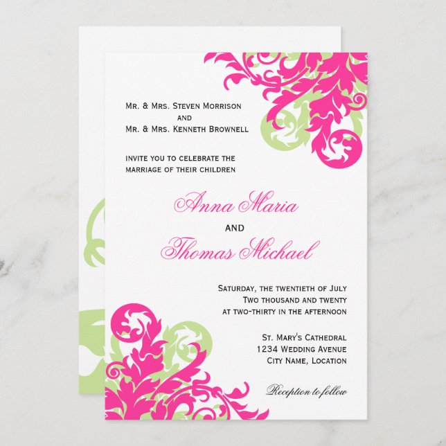 Invitation Mariage rose et vert (Devant / Derrière)