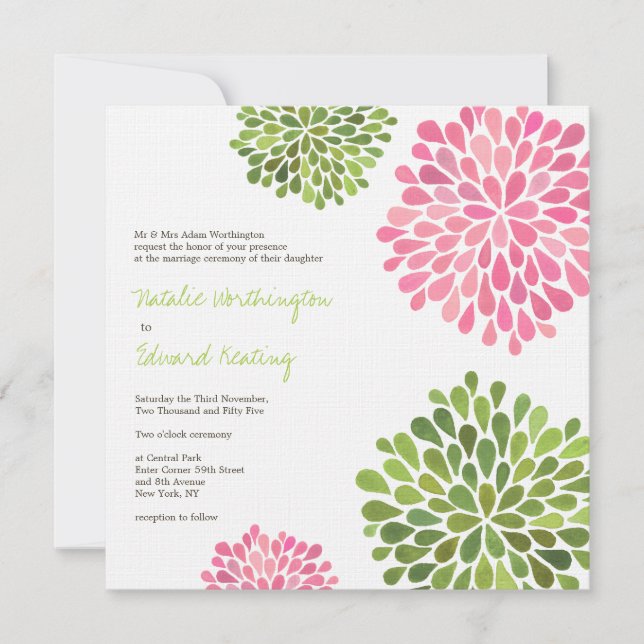 Invitation mariage rose et vert fleurs florales (Devant)