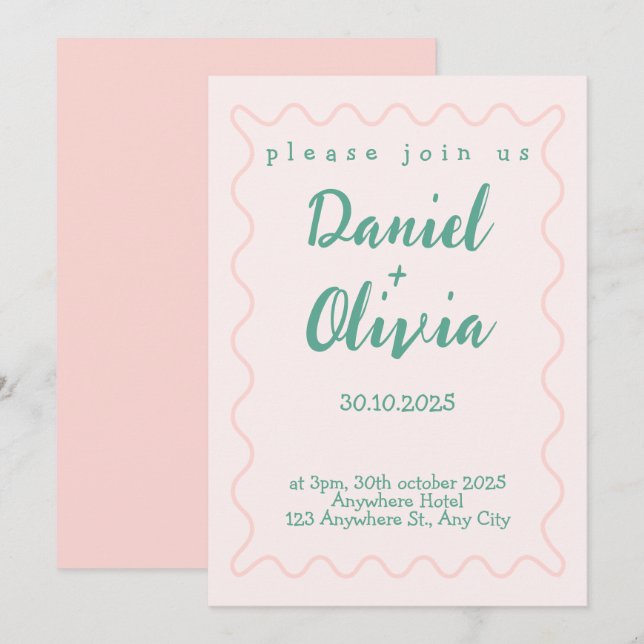 Invitation Mariage rose et vert ondulé (Devant / Derrière)