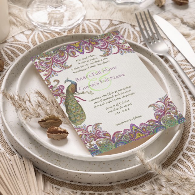 Invitation Mariage Rose et Vert Paisley Paon (Créateur téléchargé)